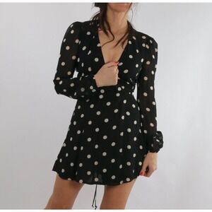 REFORMATION Black White Polka Dot Long Sleeve V-Neck Wrap Mini Dress Size XS